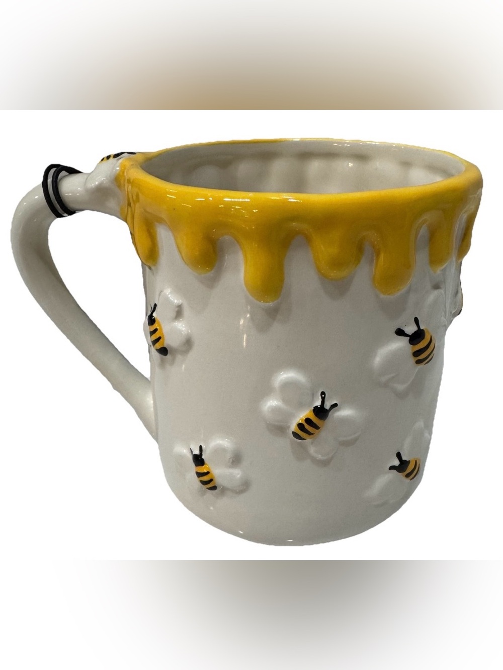 Hand Painted Spring/Summer Coffee Mug w/3D Bees and Honey around rim New